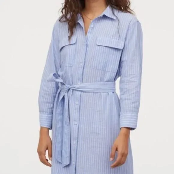 H&M Linen Blend Striped Shirt Dress New - Picture 4 of 6